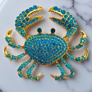 Rhinestone Blue Crab Brooch Pin Women’s‎ Fashion Jewelry Cute Gift 2.6” inch New